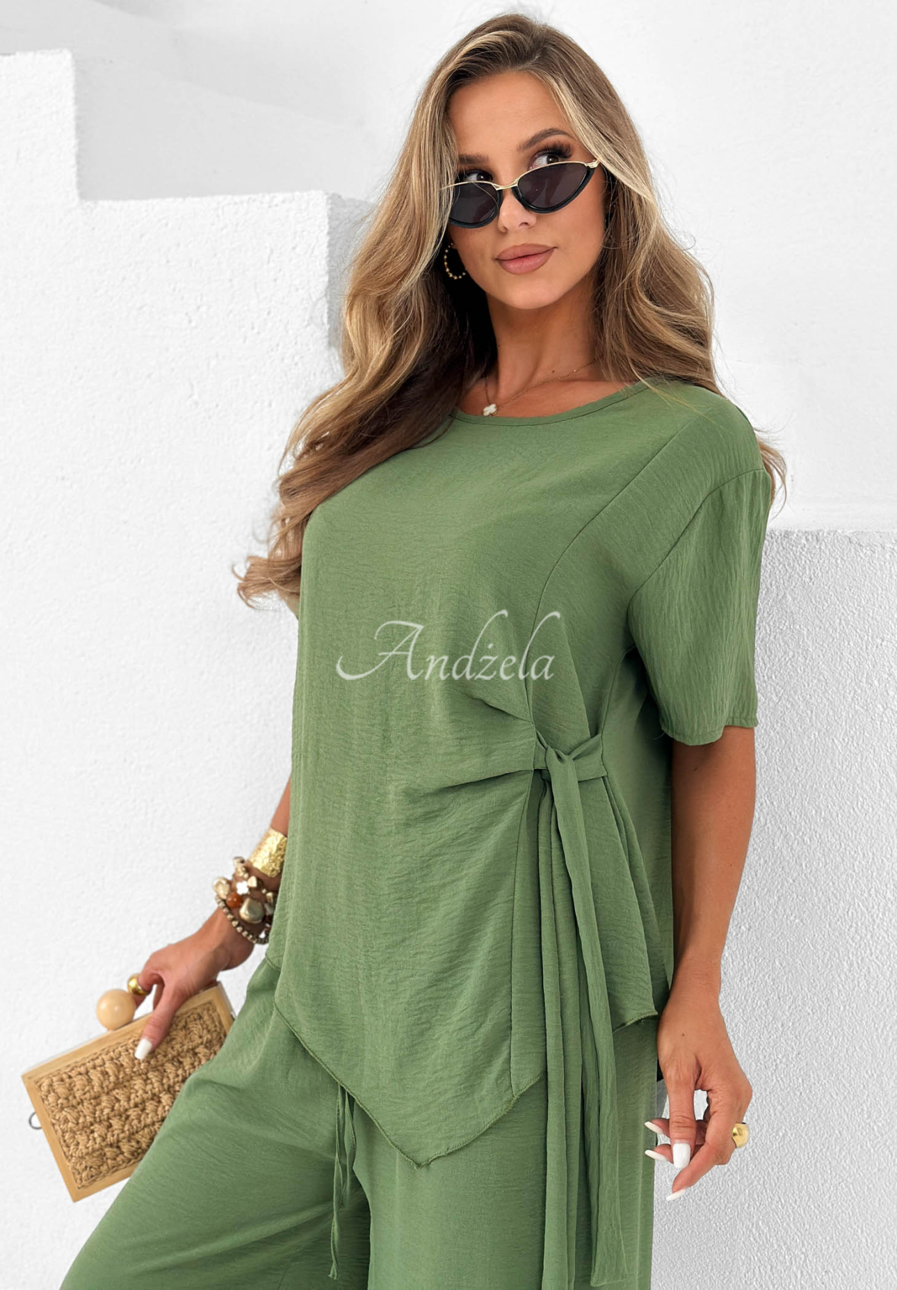 Set din viscoză bluză cu legare și pantaloni wide leg Elite Holiday