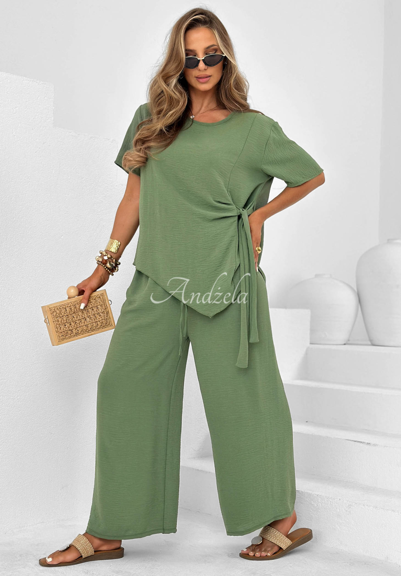 Set din viscoză bluză cu legare și pantaloni wide leg Elite Holiday