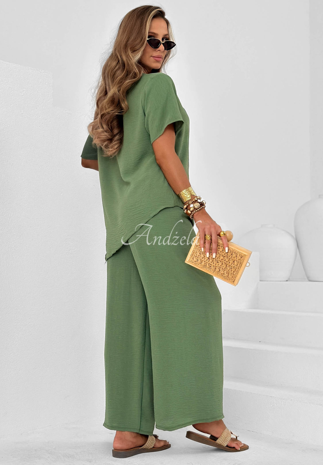 Set din viscoză bluză cu legare și pantaloni wide leg Elite Holiday