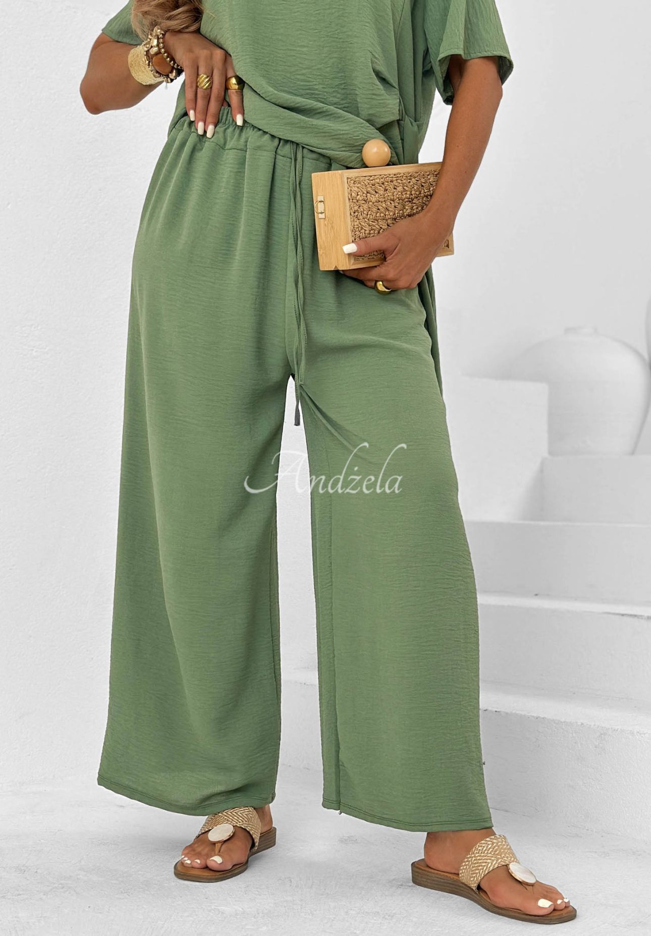 Set din viscoză bluză cu legare și pantaloni wide leg Elite Holiday