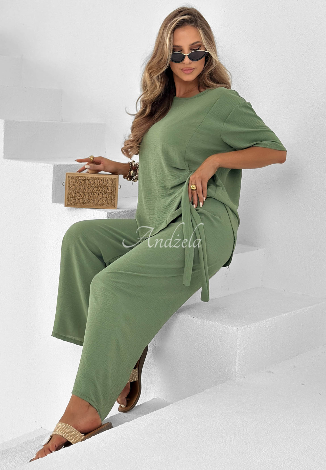 Set din viscoză bluză cu legare și pantaloni wide leg Elite Holiday