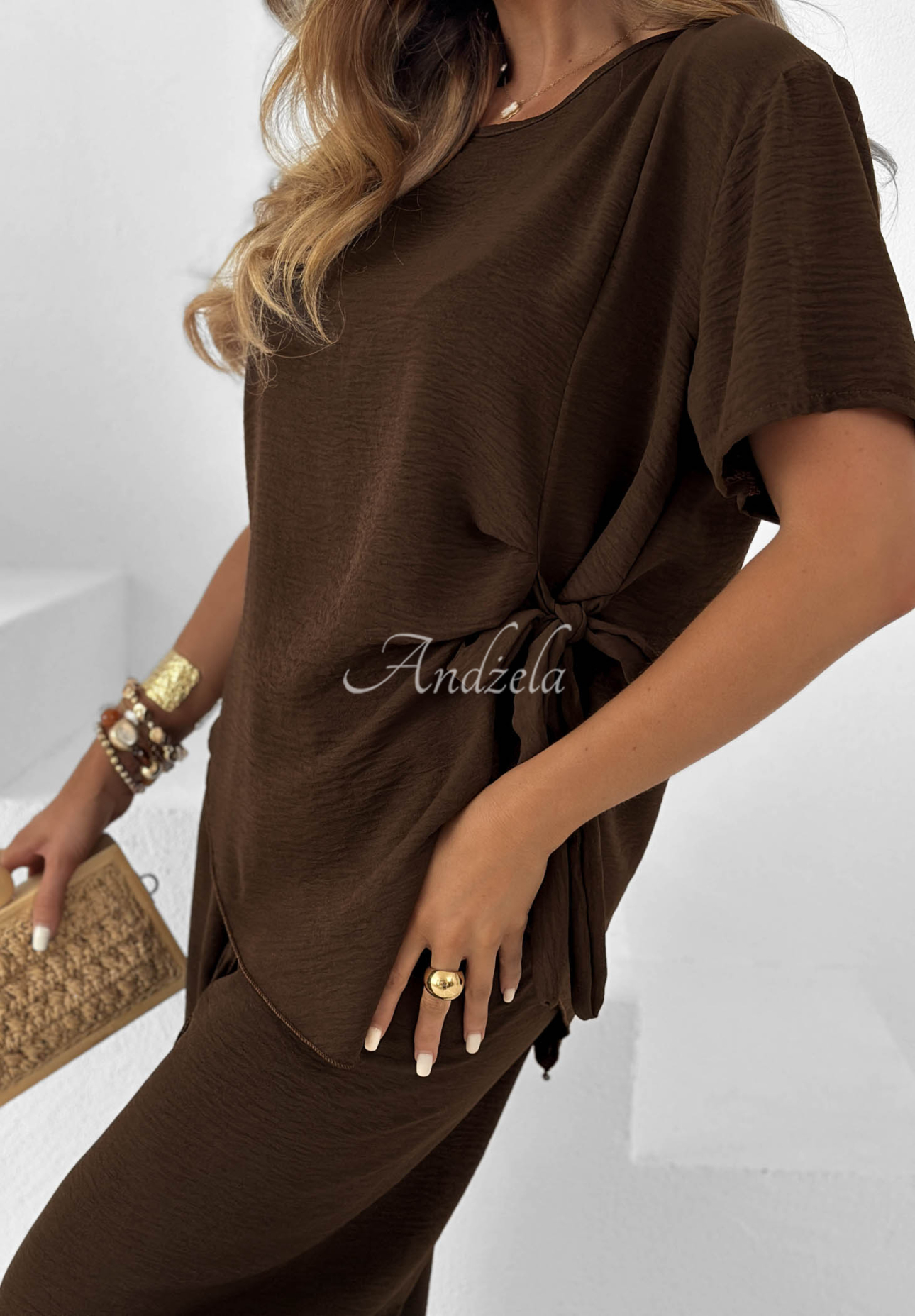 Set din viscoză bluză cu legare și pantaloni wide leg Elite Holiday