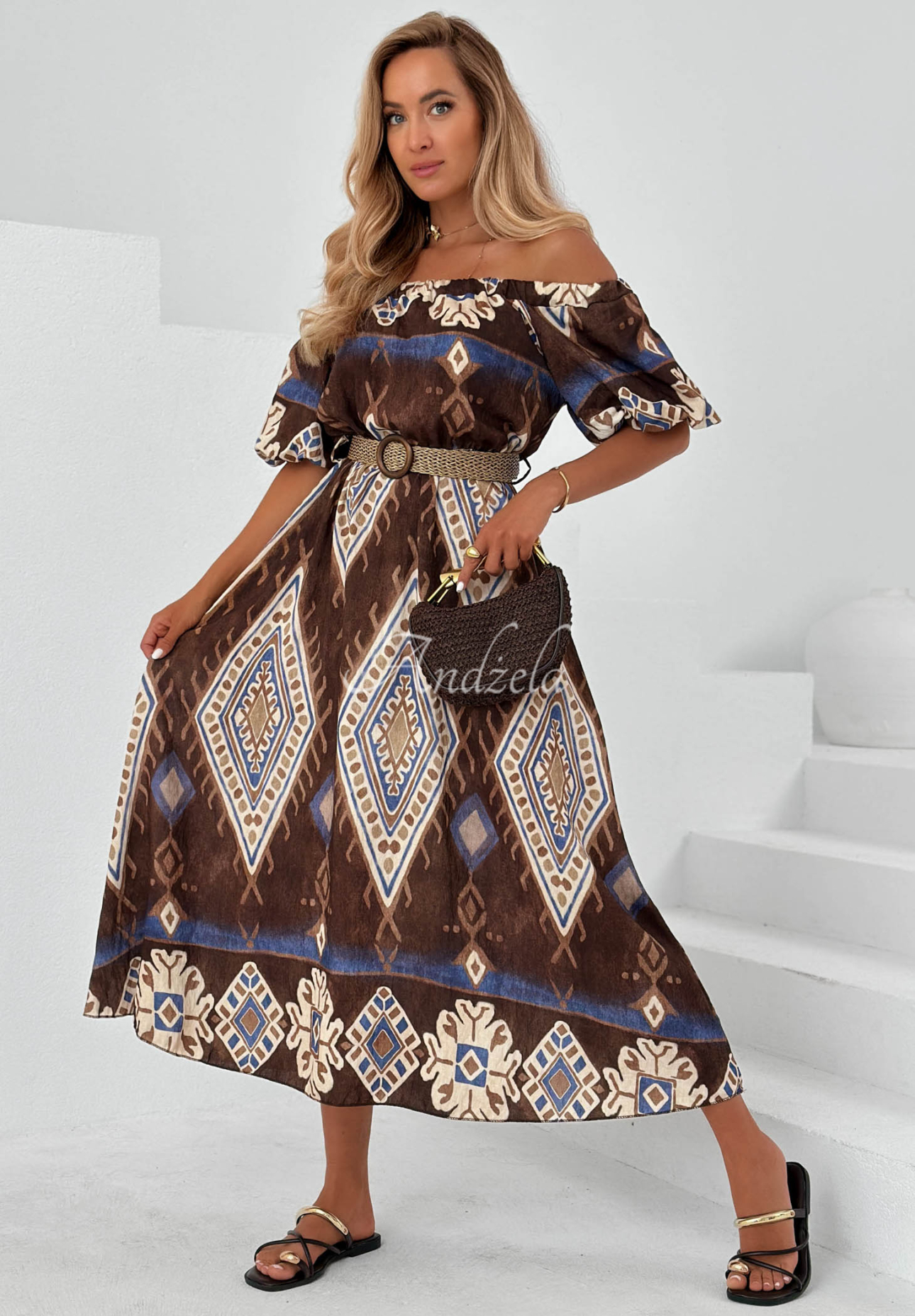 Rochie midi spaniolă din viscoză cu imprimeu Brown Sands