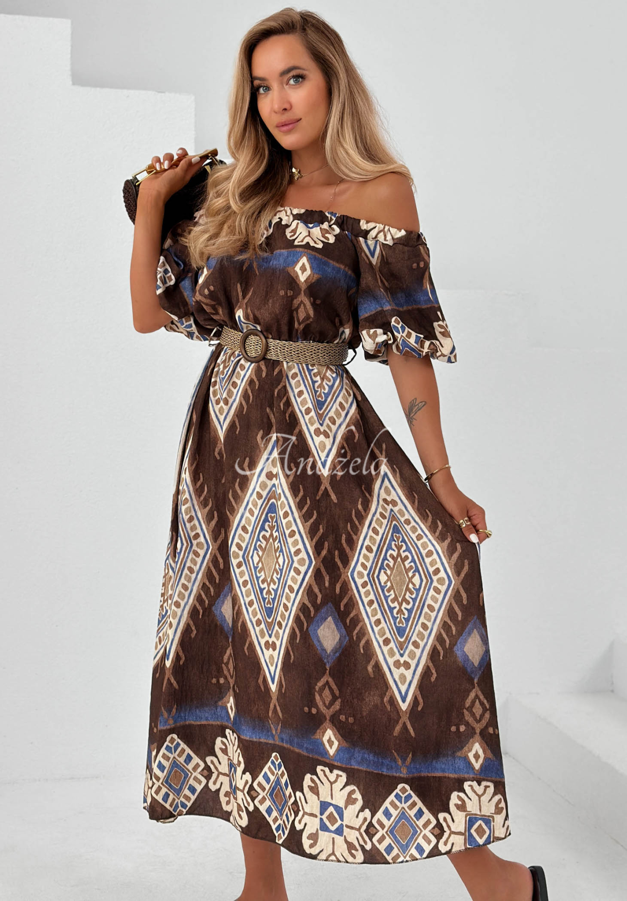 Rochie midi spaniolă din viscoză cu imprimeu Brown Sands