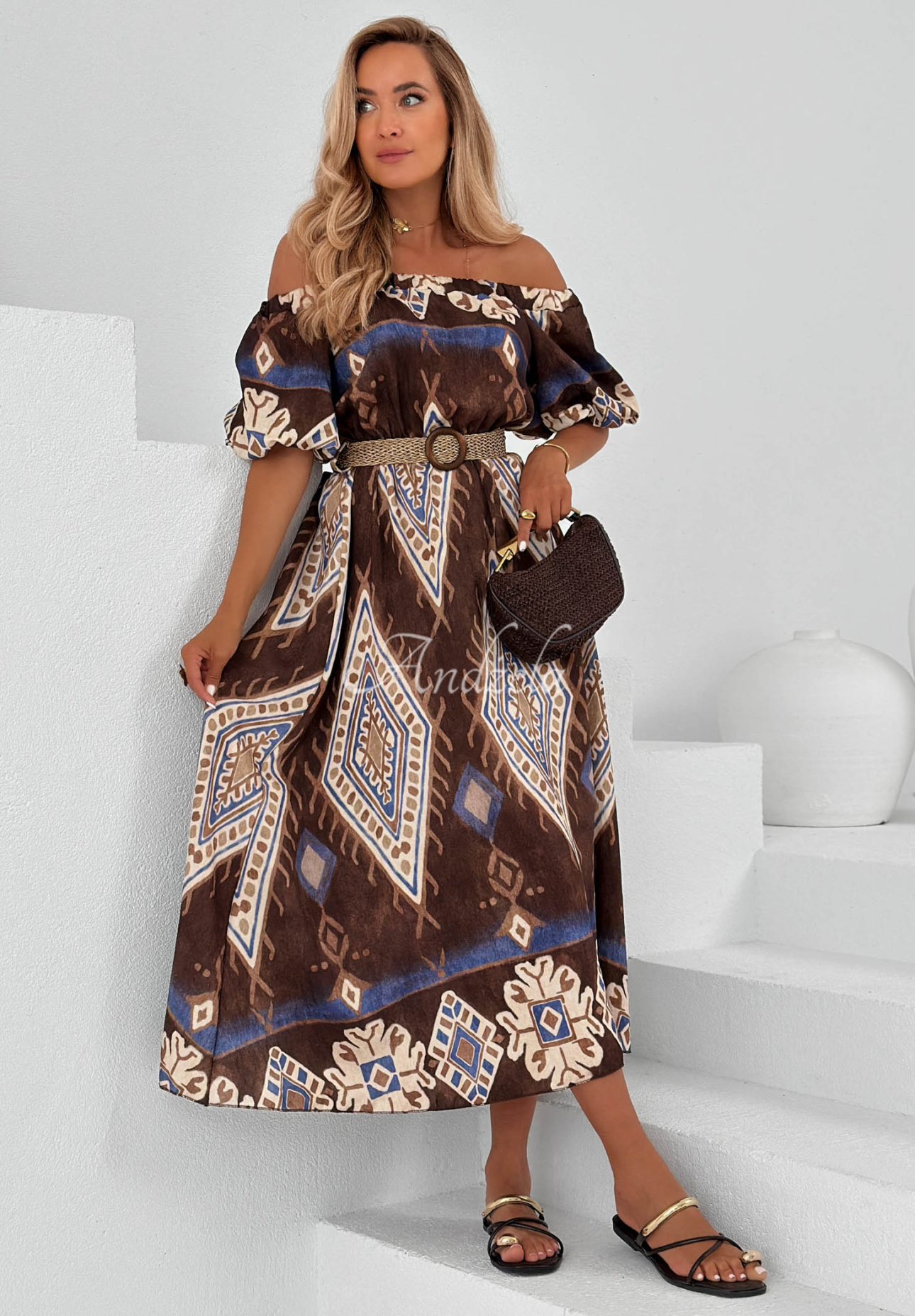 Rochie midi spaniolă din viscoză cu imprimeu Brown Sands