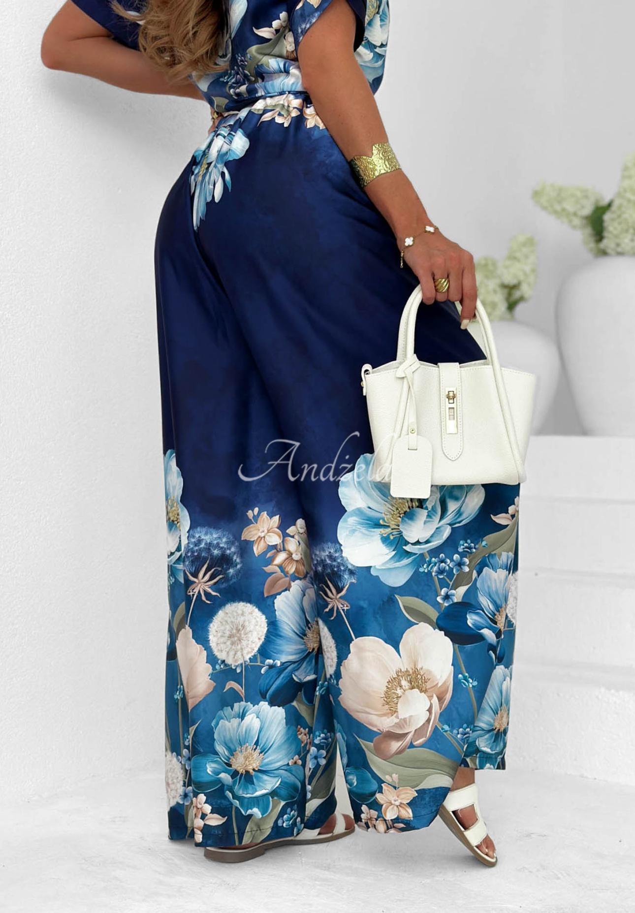 Pantaloni satinați wide leg cu imprimeu floral Lagoon Flora