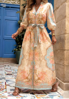 Wzorzysta Rochie maxi z paskiem Timeless Summer beżowo-albastru azuriu