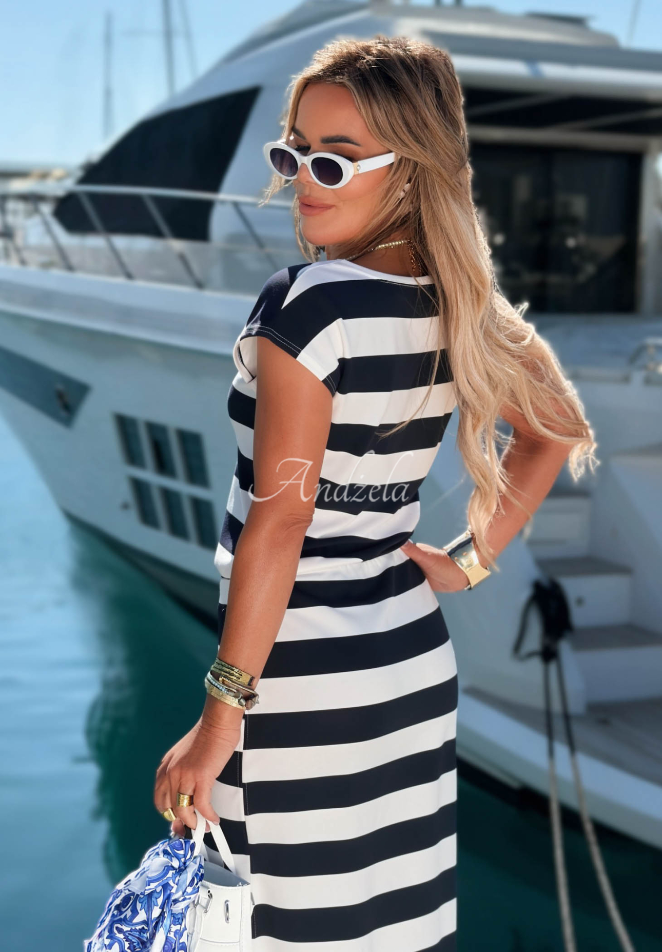 Rochie maxi în dungi cu șnur reglabil Moonlight Harbor