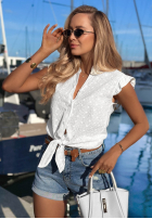 Ażurowa Cămașă z wiązaniem i falbankami boho Soft Summer albă