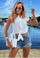 Ażurowa Cămașă z wiązaniem i falbankami boho Soft Summer albă