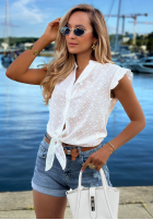 Ażurowa Cămașă z wiązaniem i falbankami boho Soft Summer albă