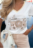 Tricou z nadrukiem i dżetami Keep The Moment Alb