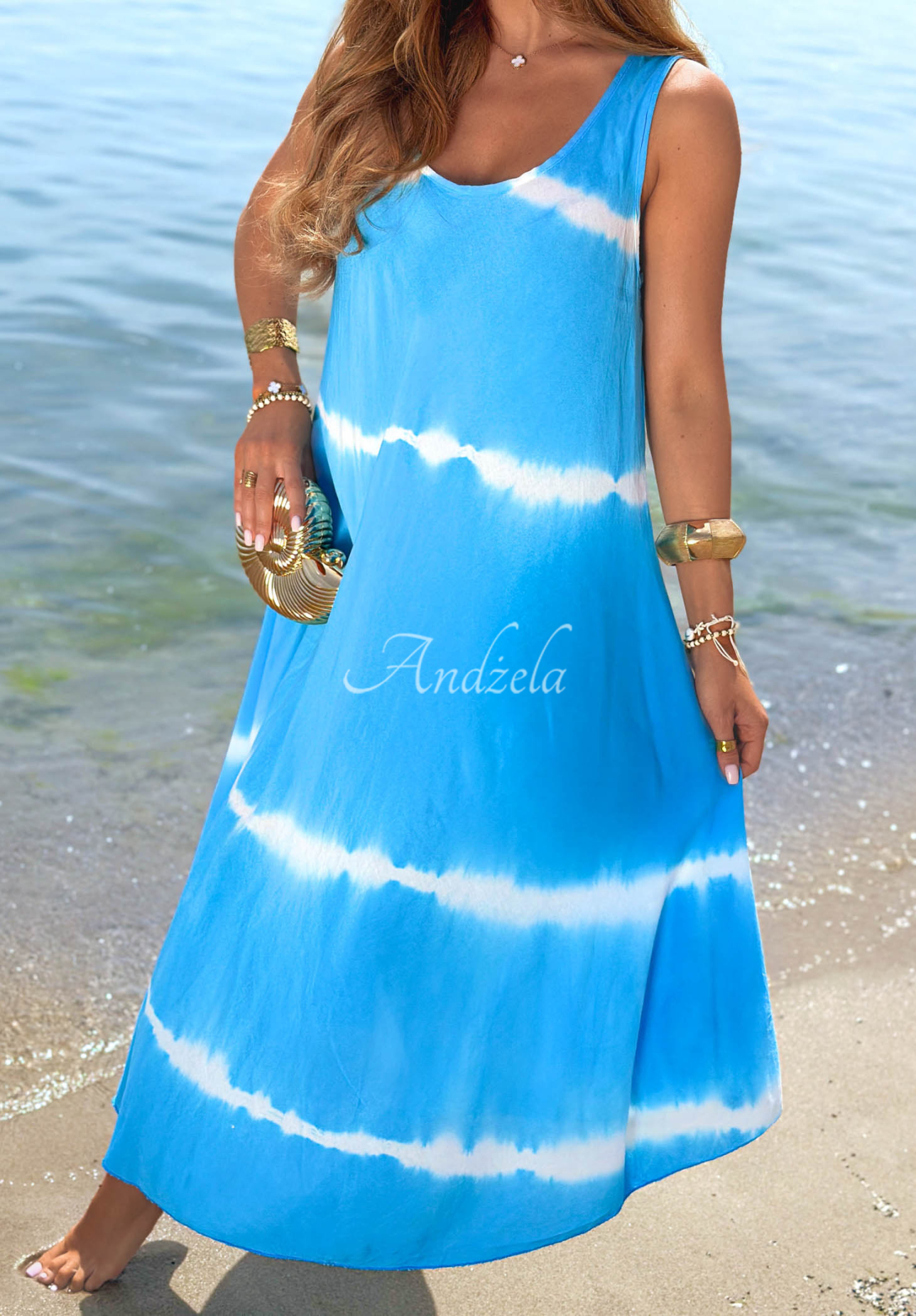 Rochie maxi din bumbac cu bretele și efect tie dye Sea Waves