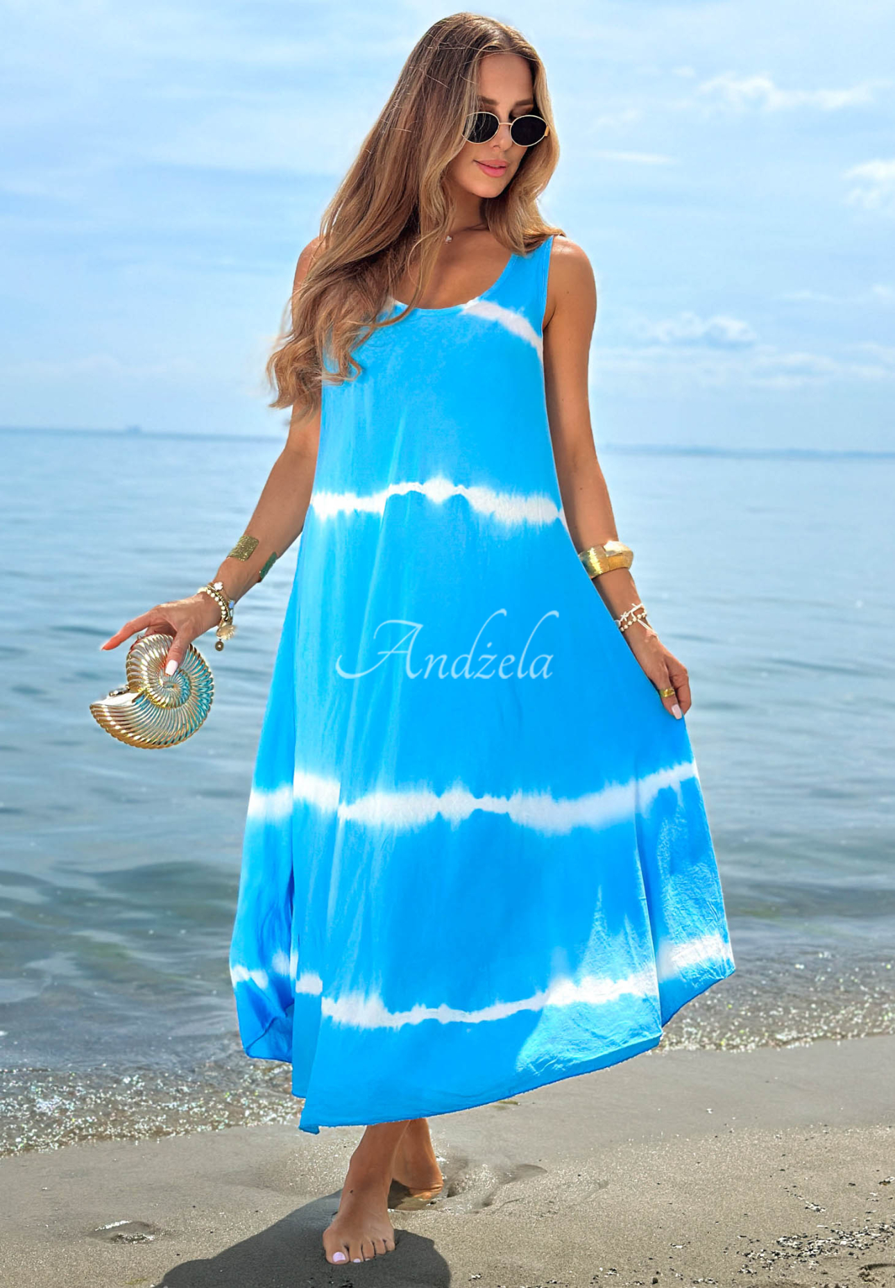 Rochie maxi din bumbac cu bretele și efect tie dye Sea Waves