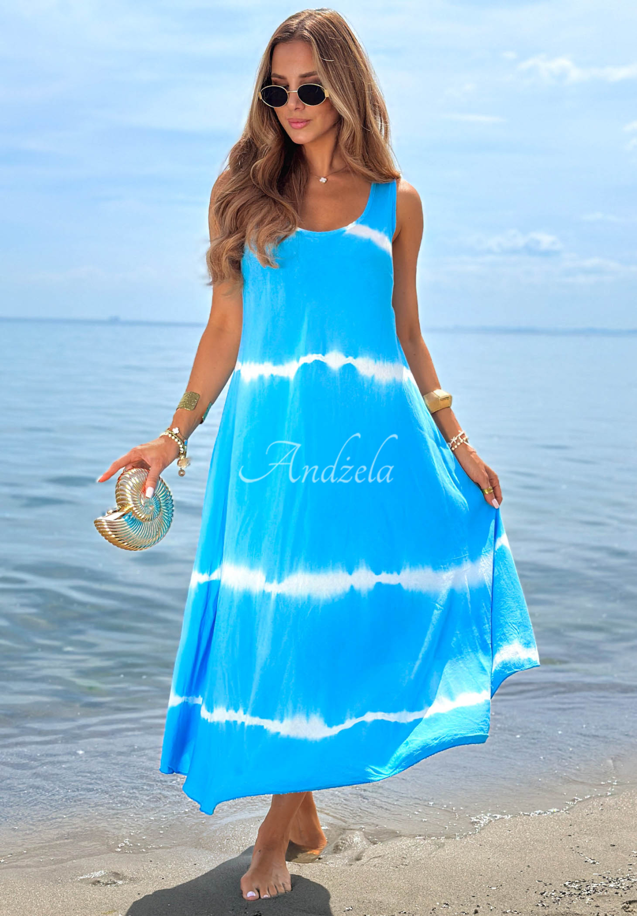 Rochie maxi din bumbac cu bretele și efect tie dye Sea Waves