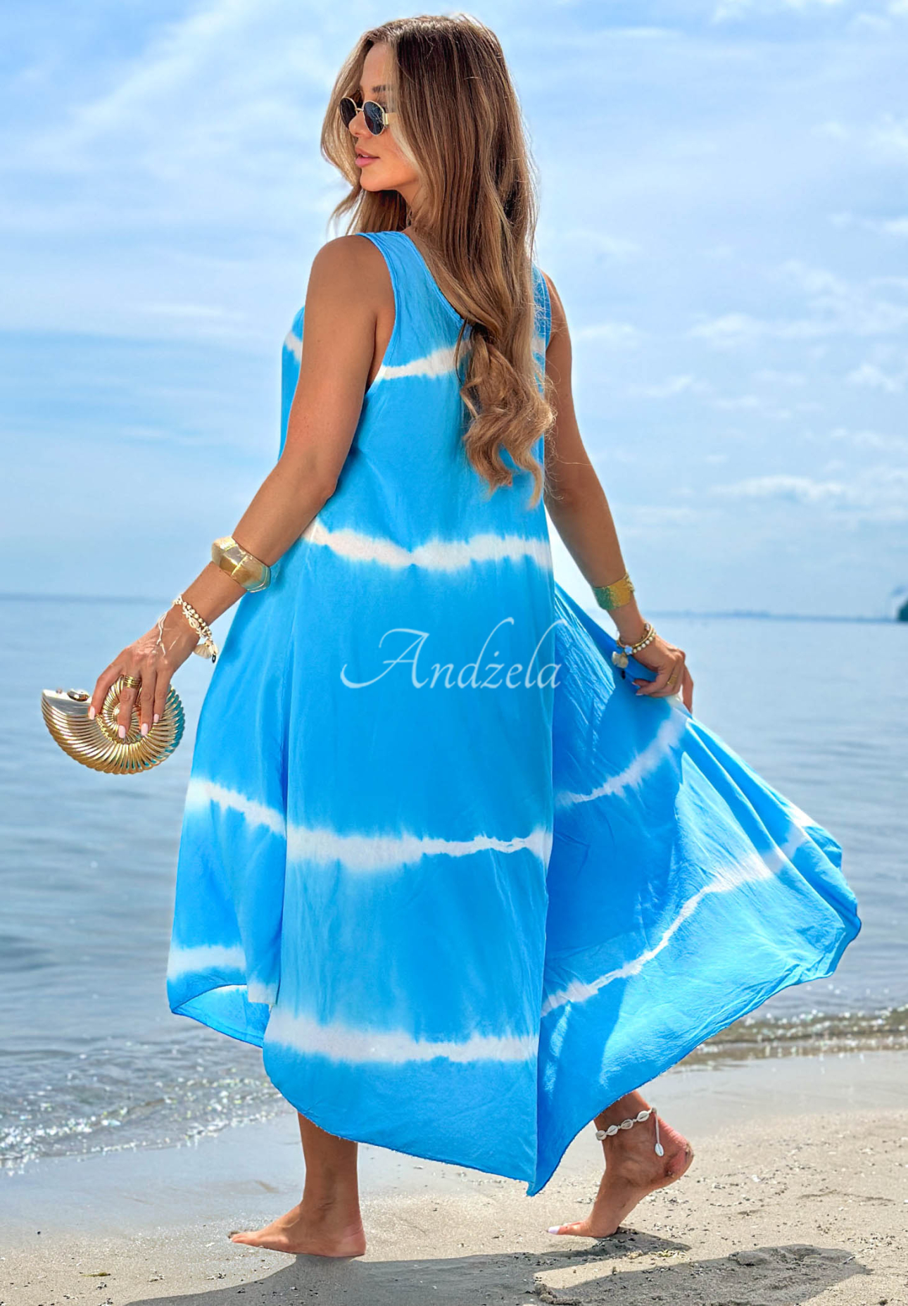 Rochie maxi din bumbac cu bretele și efect tie dye Sea Waves