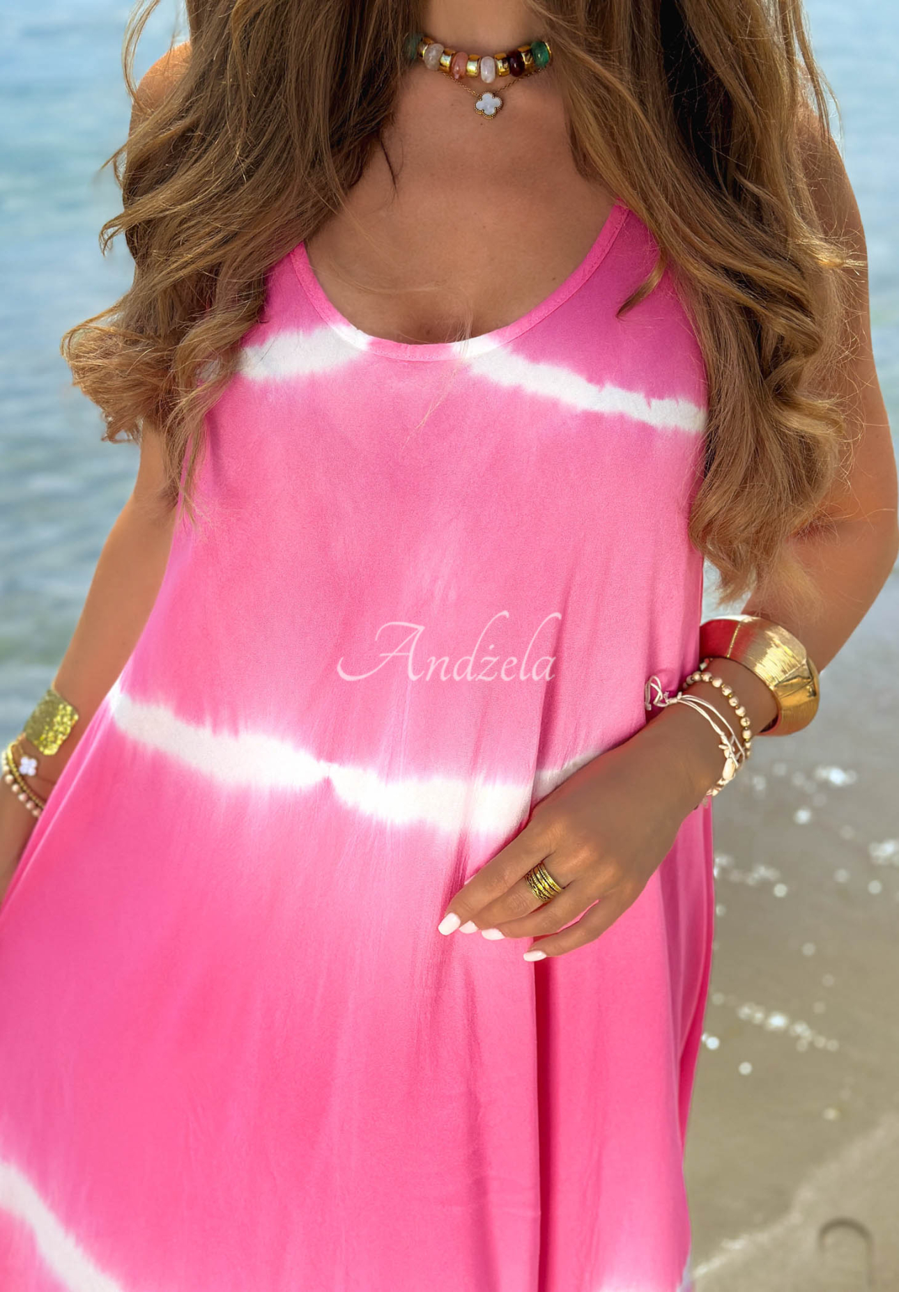 Rochie maxi din bumbac cu bretele și efect tie dye Sea Waves