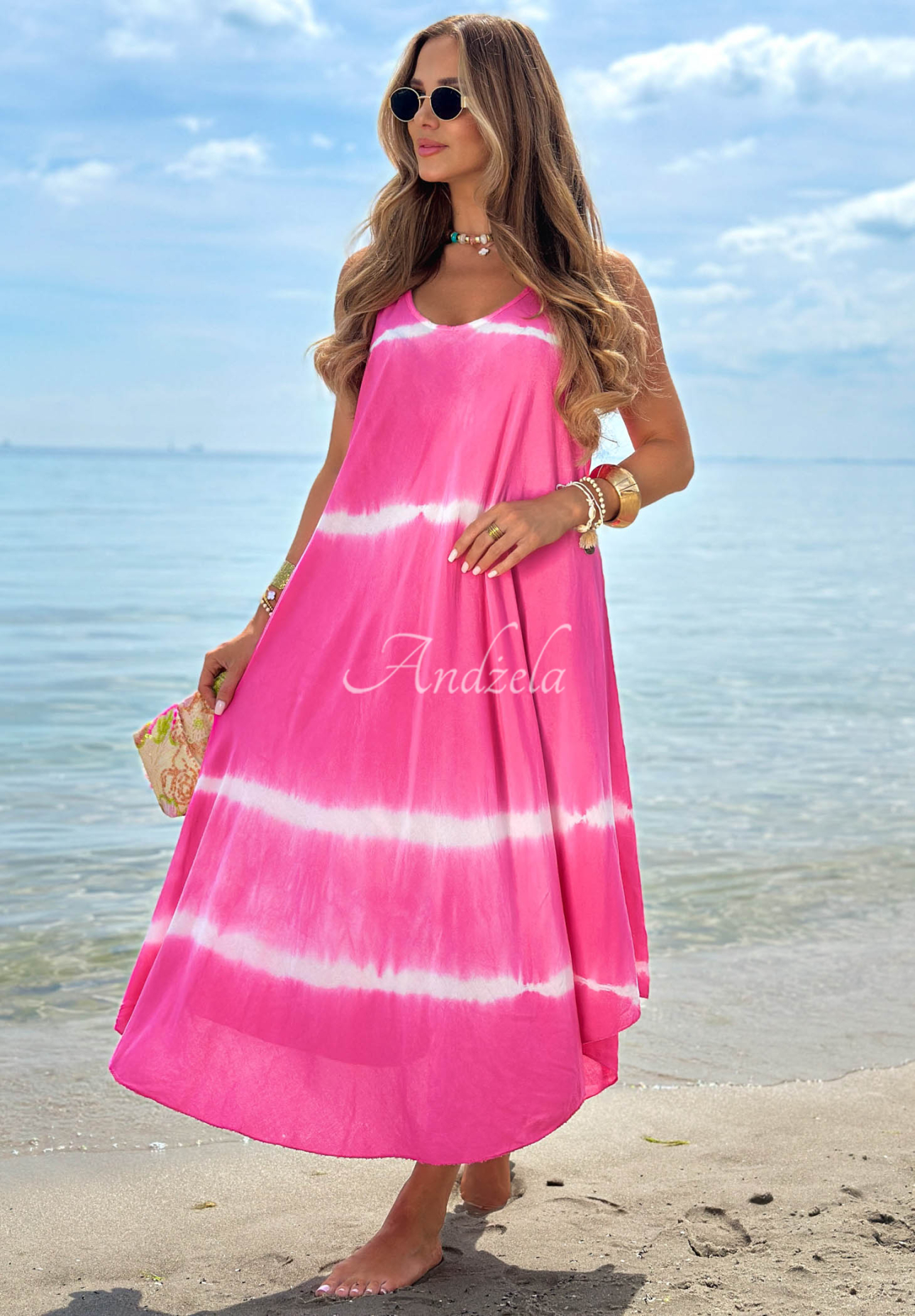 Rochie maxi din bumbac cu bretele și efect tie dye Sea Waves