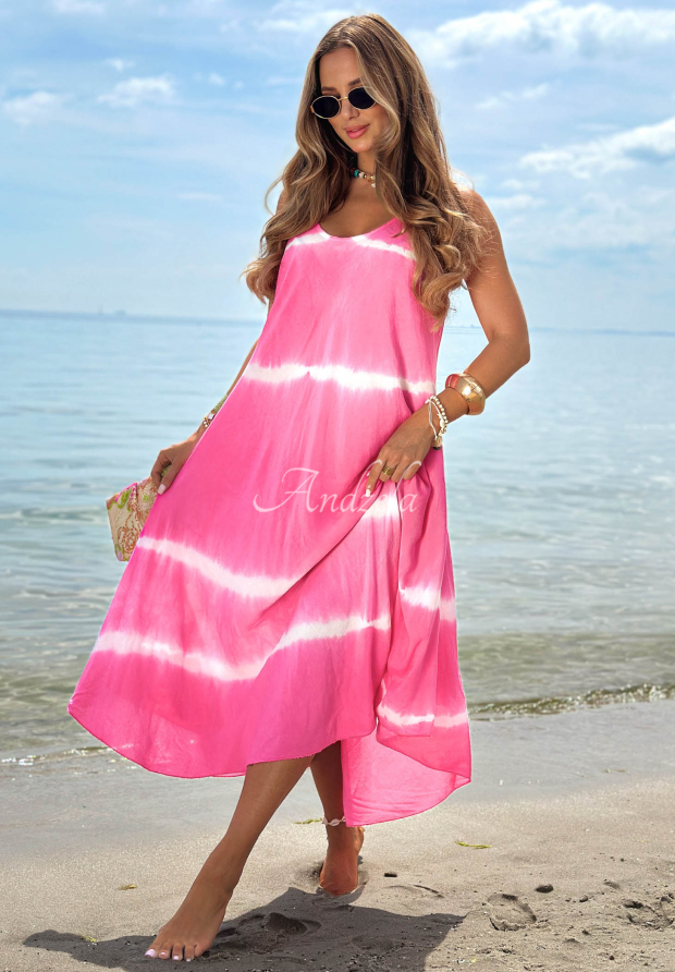Rochie maxi din bumbac cu bretele și efect tie dye Sea Waves