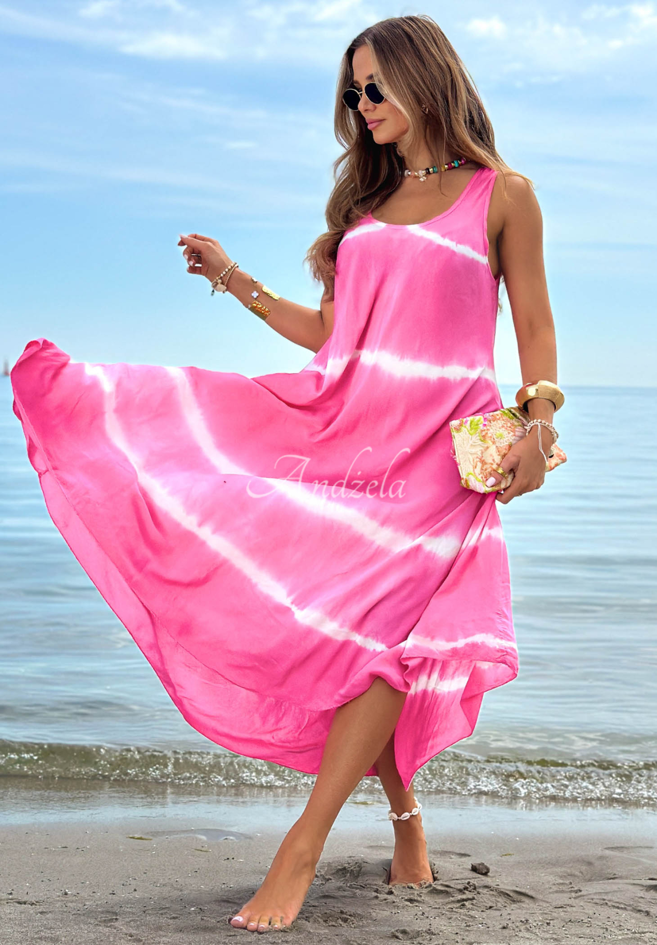 Rochie maxi din bumbac cu bretele și efect tie dye Sea Waves