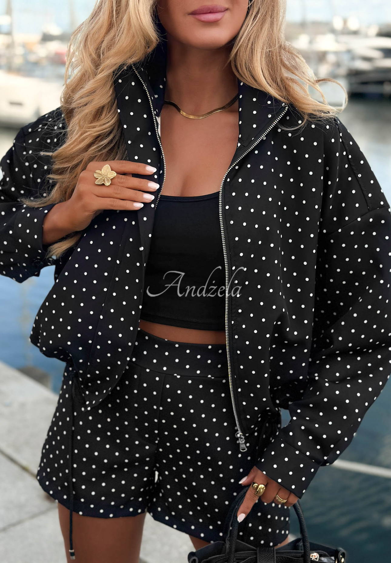 Set cu geacă bomber ușoară și pantaloni scurți cu buline Dot Glow