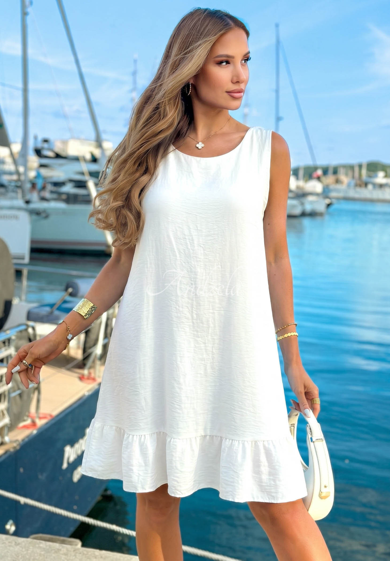 Rochie mini din viscoză cu bretele și volănașe Sun Darling