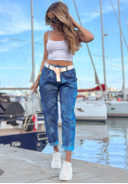 Pantaloni din denim mom fit w kwiaty Callari ciemnoniebieskie