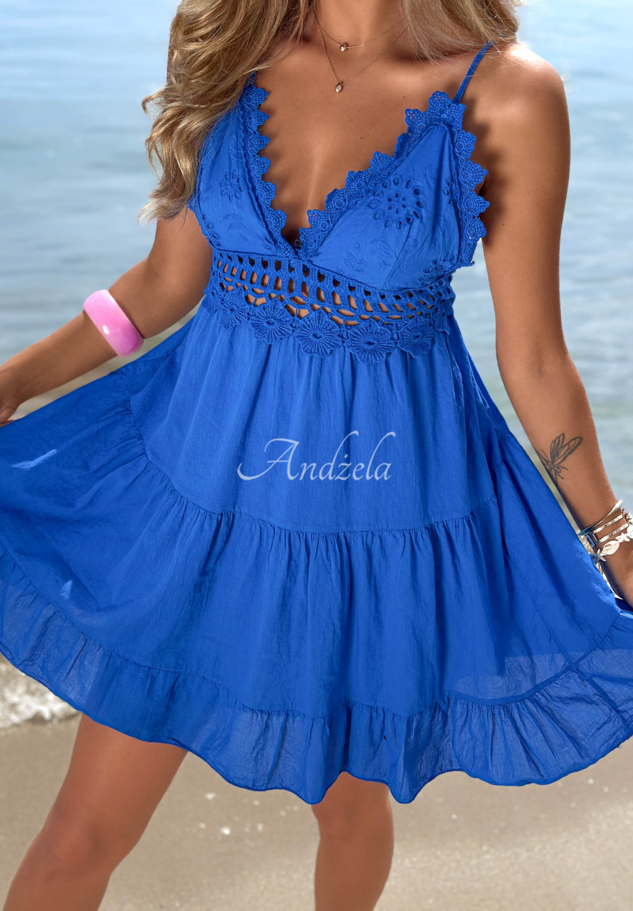 Rochie mini din bumbac cu bretele și dantelă Pearl Bay