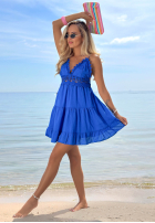 Rochie mini na ramiączkach z koronką Pearl Bay albastru cobalt