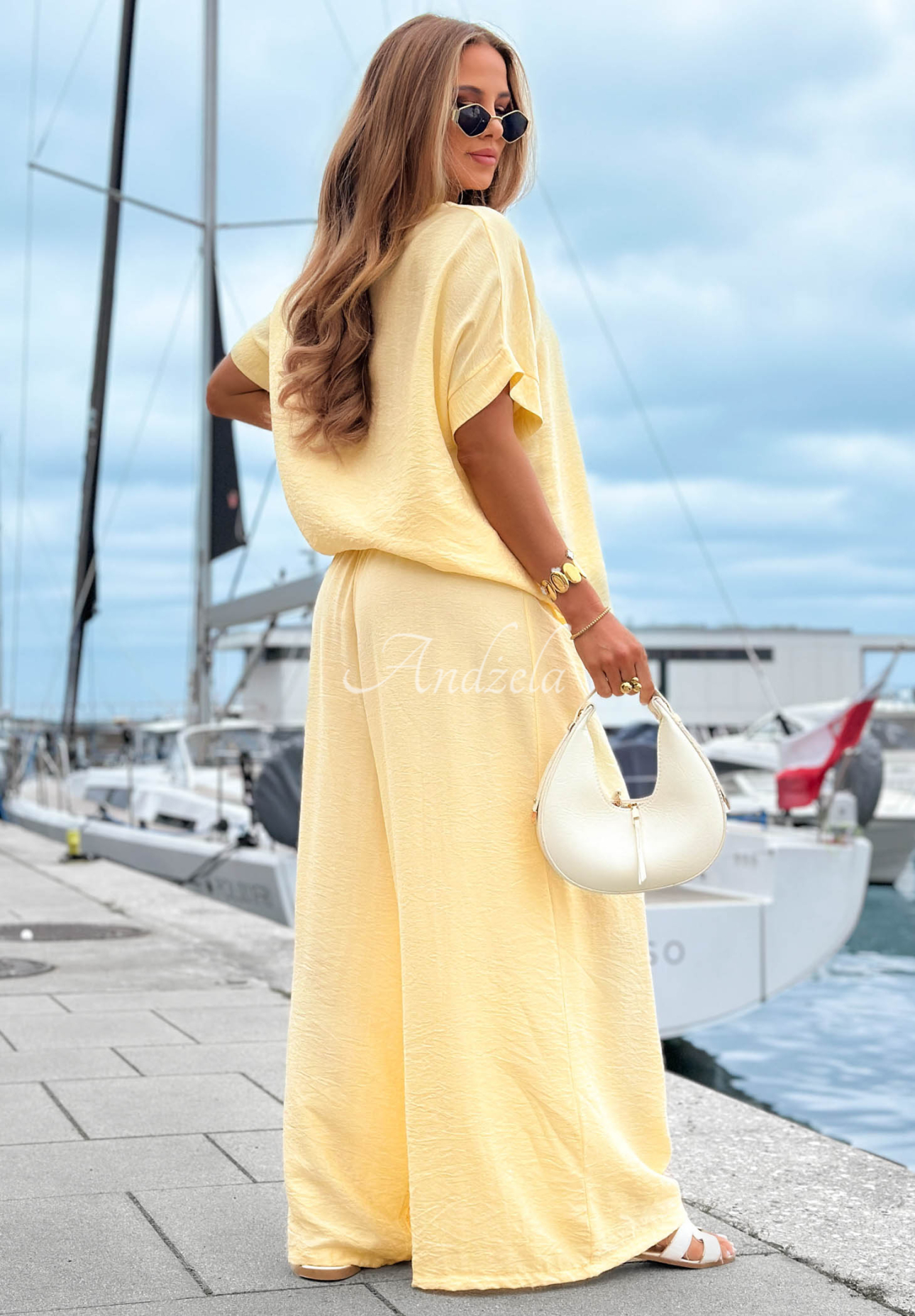 Set din viscoză cu bluză oversize și pantaloni wide leg Amalfi Getaway