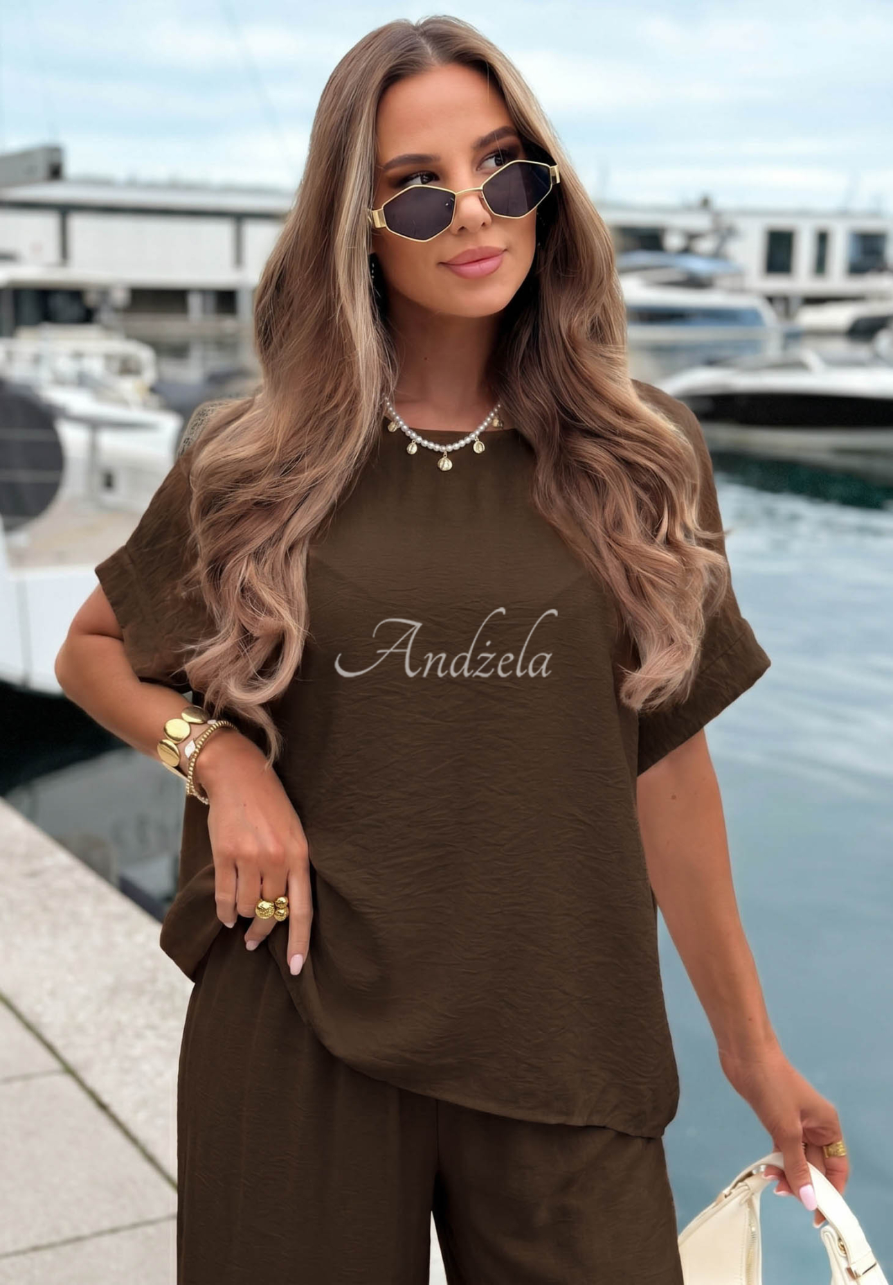 Set din viscoză cu bluză oversize și pantaloni wide leg Amalfi Getaway