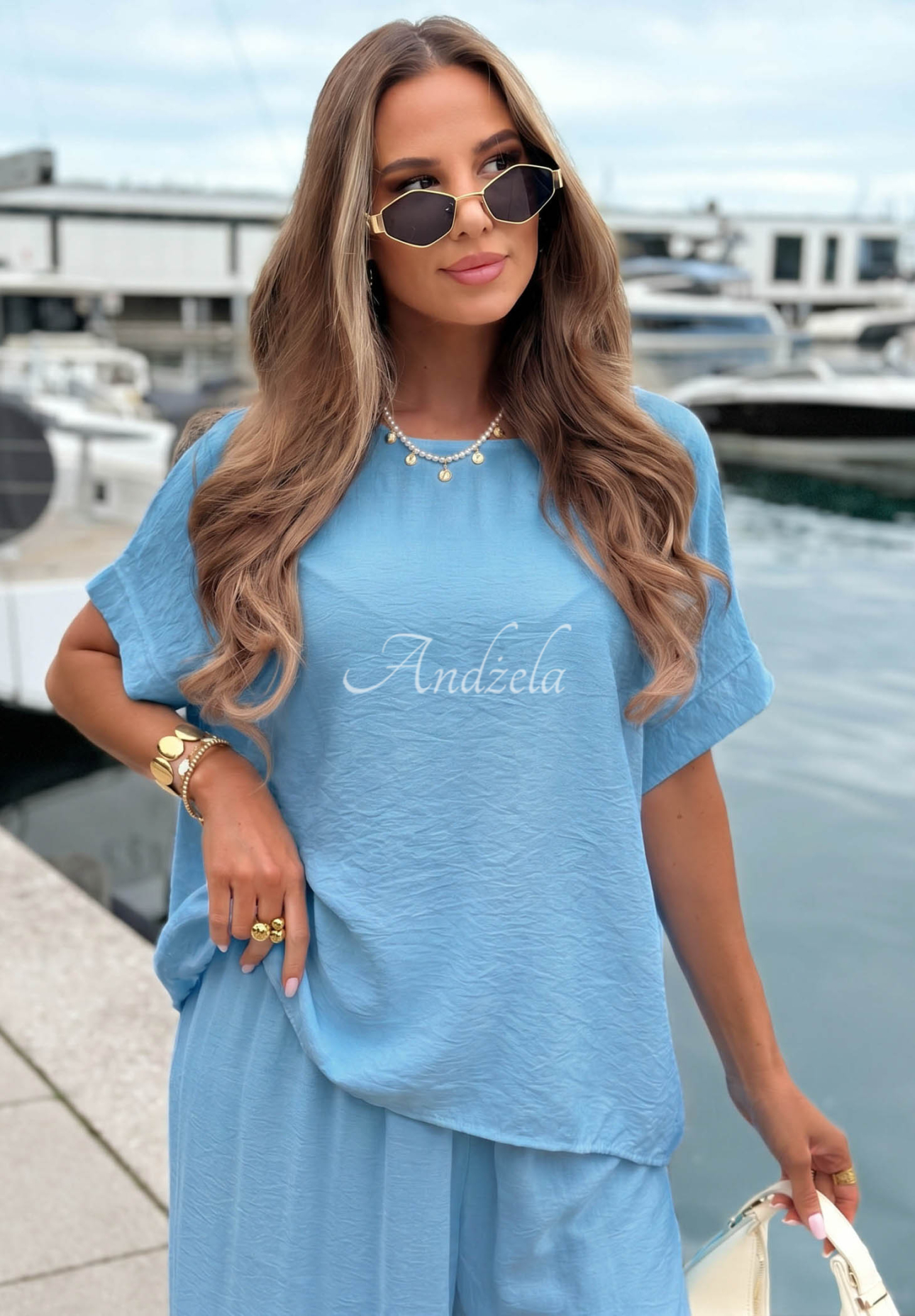 Set din viscoză cu bluză oversize și pantaloni wide leg Amalfi Getaway