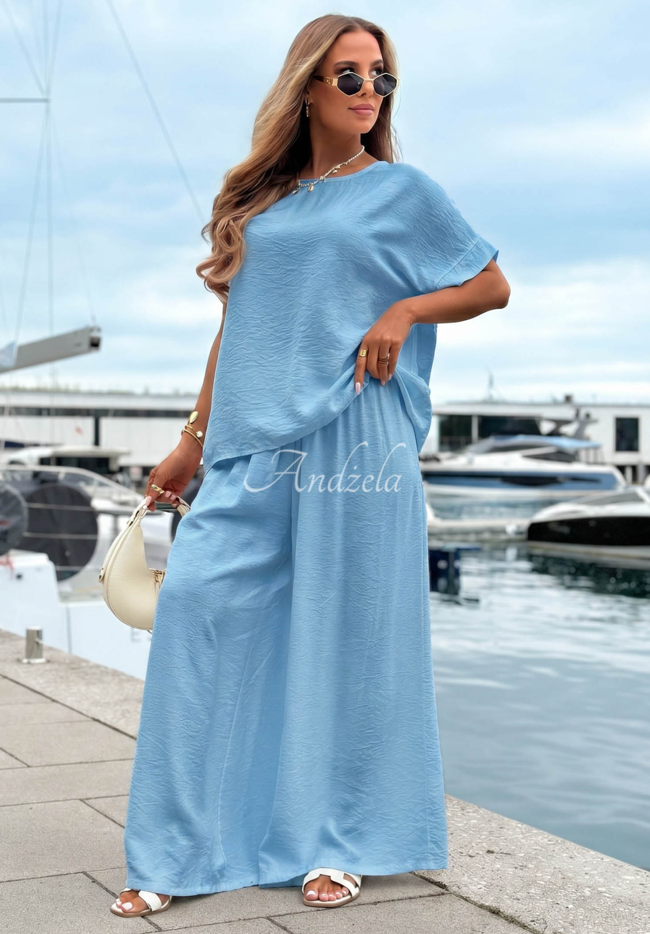 Set din viscoză cu bluză oversize și pantaloni wide leg Amalfi Getaway