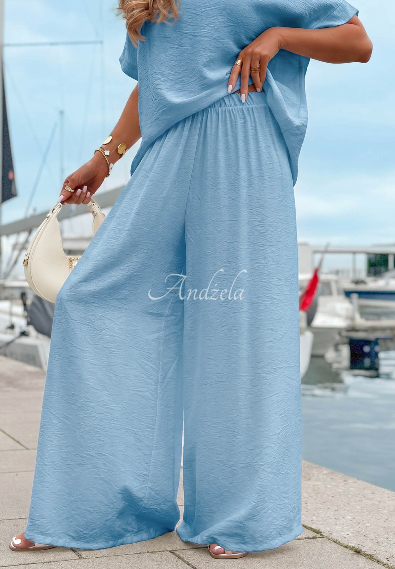 Set din viscoză cu bluză oversize și pantaloni wide leg Amalfi Getaway