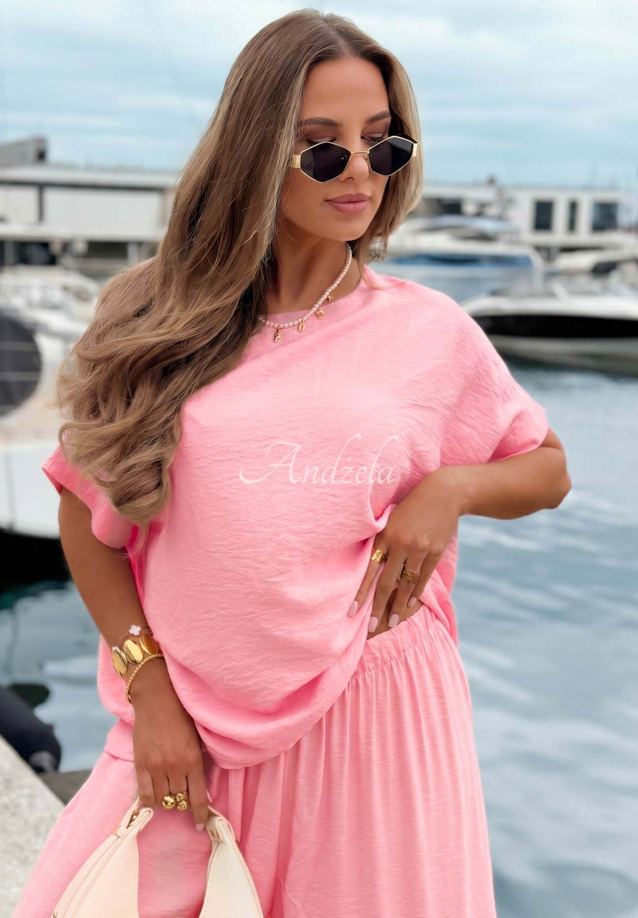 Set din viscoză cu bluză oversize și pantaloni wide leg Amalfi Getaway