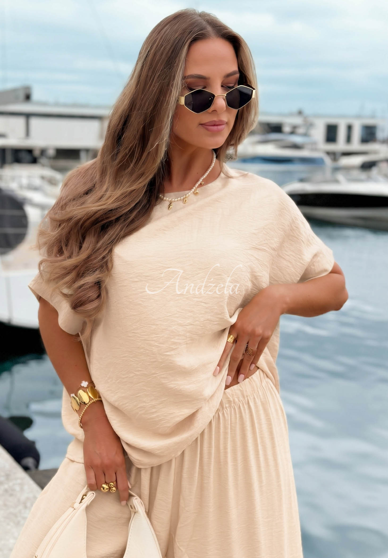 Set din viscoză cu bluză oversize și pantaloni wide leg Amalfi Getaway