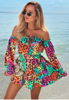 Krótki Salopetă Cu croială spaniolă z falbankami cu model tip panteră Wild Colors turkusowo-portocaliu
