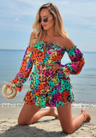Krótki Salopetă Cu croială spaniolă z falbankami cu model tip panteră Wild Colors turkusowo-portocaliu