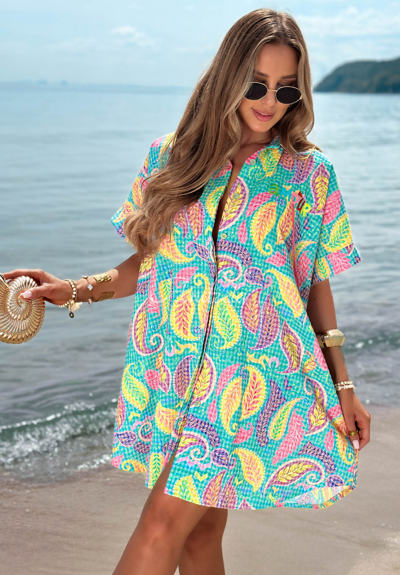 Rochie tip cămașă cu imprimeu din bumbac Colored Leaf