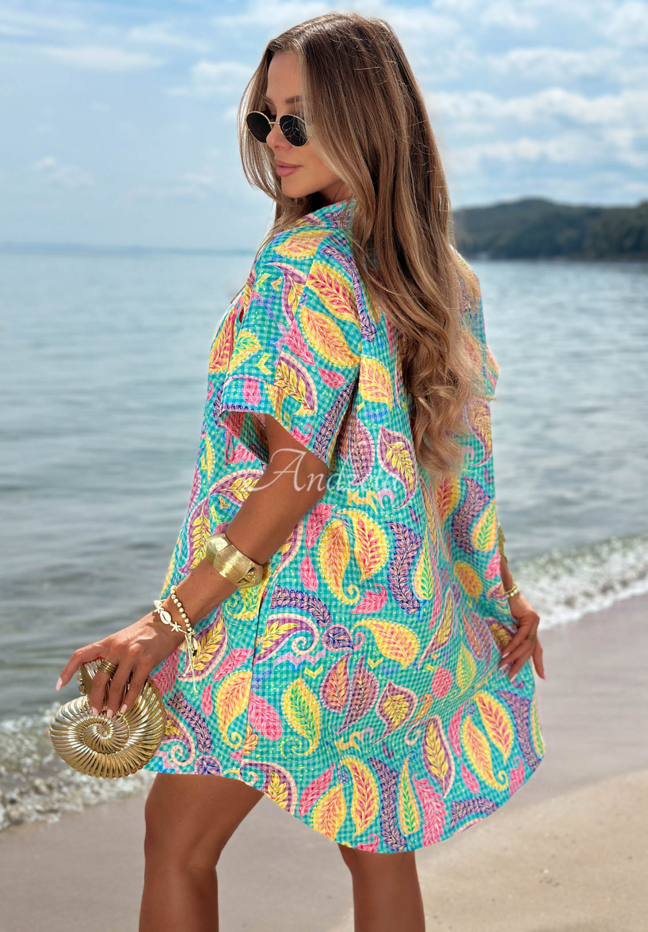 Rochie tip cămașă cu imprimeu din bumbac Colored Leaf