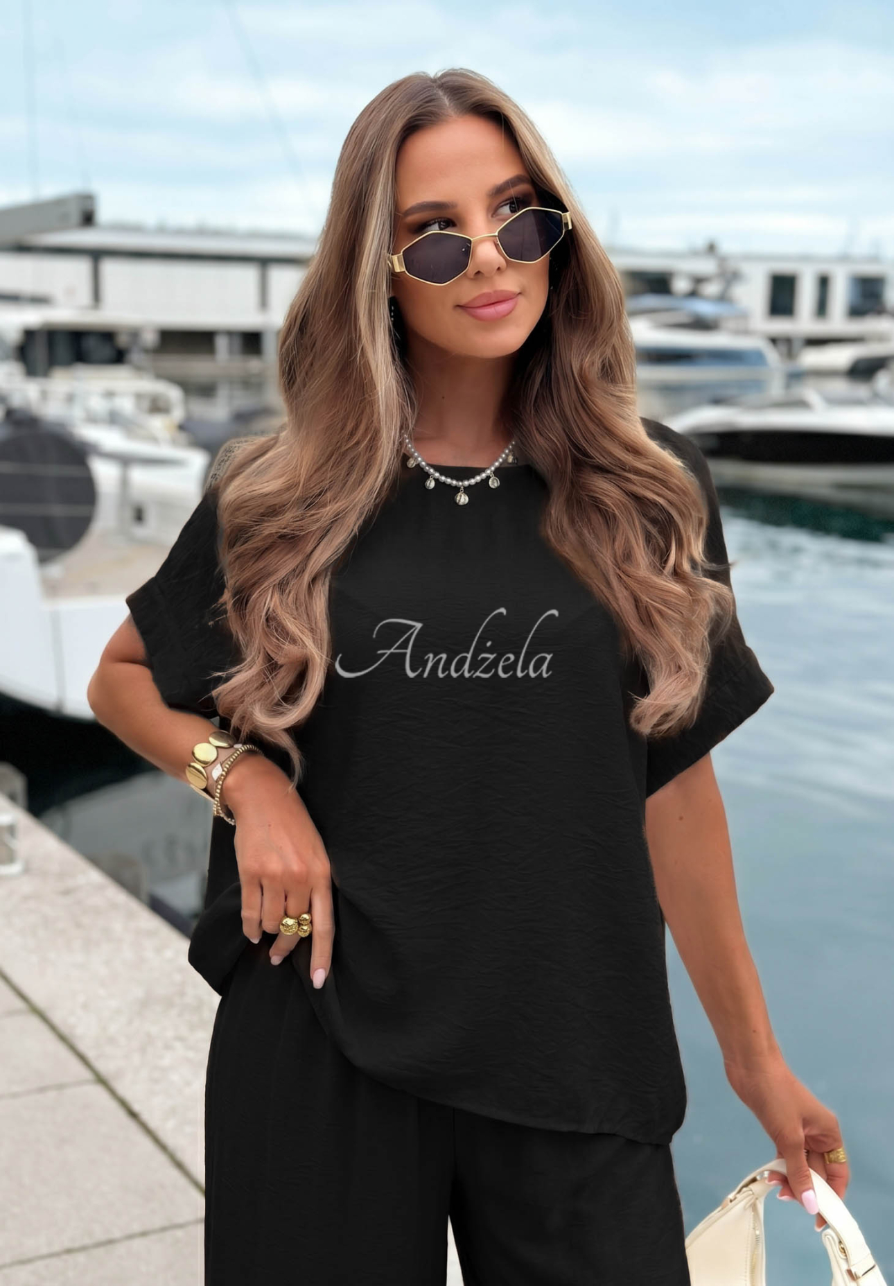 Set din viscoză cu bluză oversize și pantaloni wide leg Amalfi Getaway