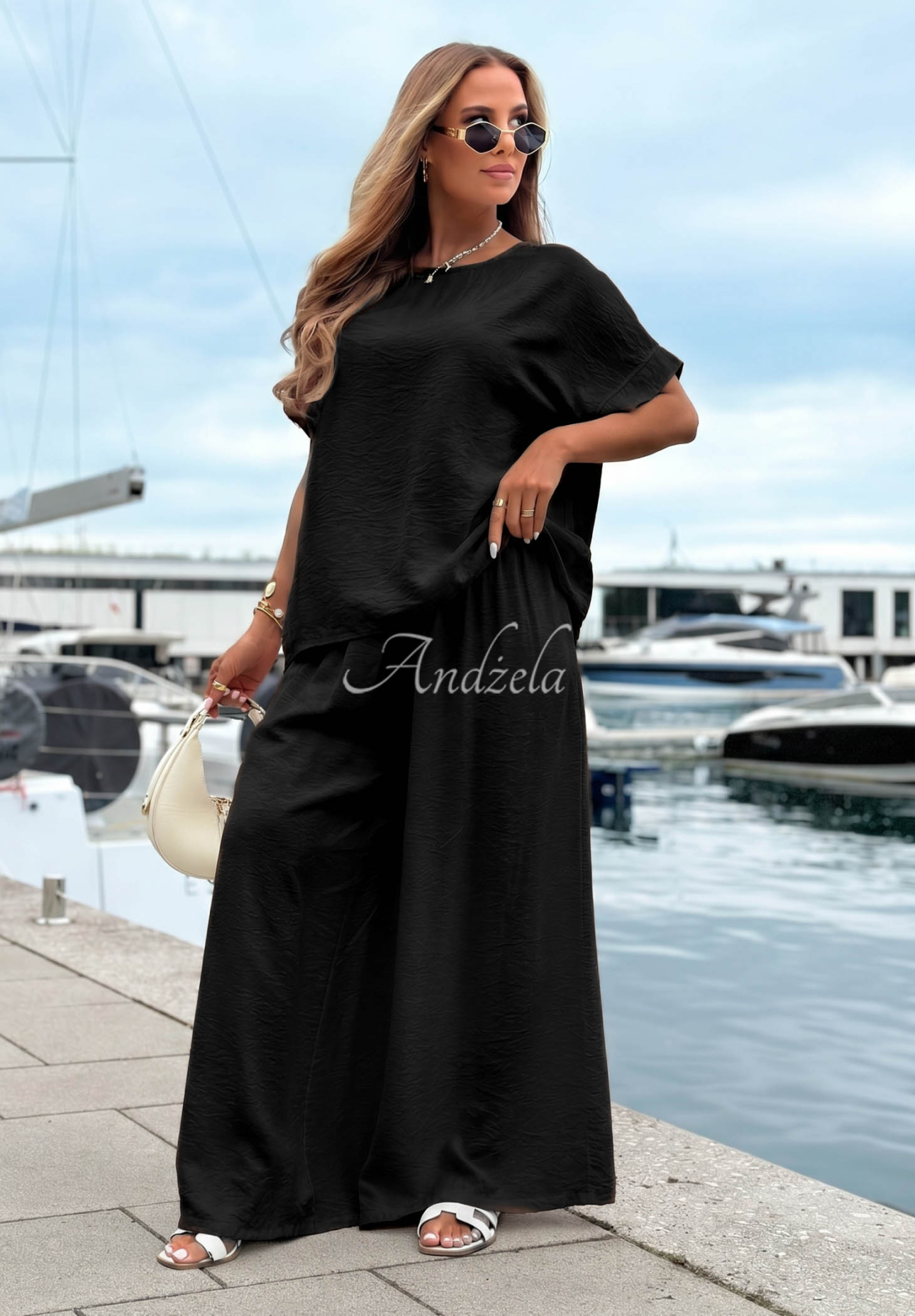 Set din viscoză cu bluză oversize și pantaloni wide leg Amalfi Getaway