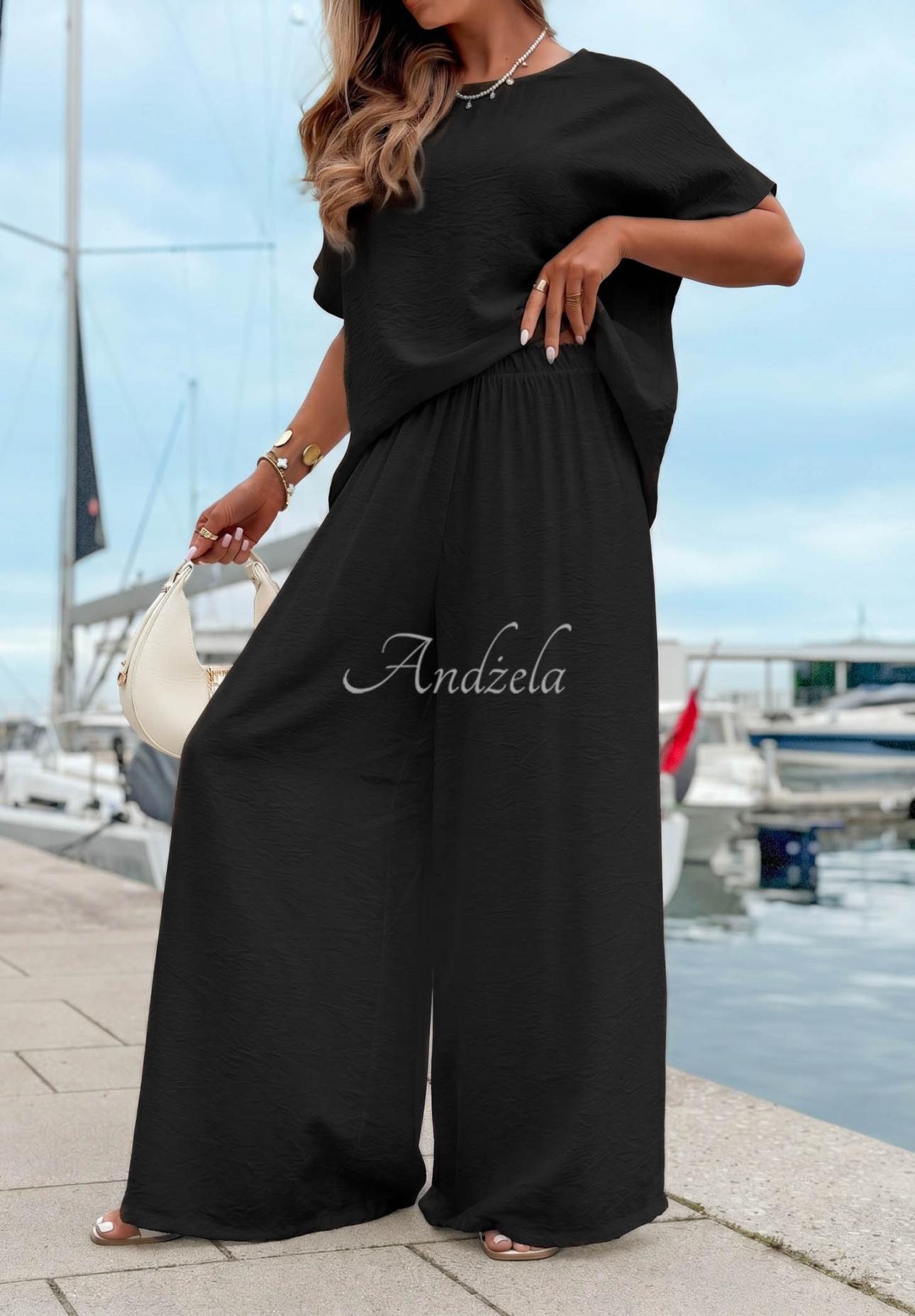Set din viscoză cu bluză oversize și pantaloni wide leg Amalfi Getaway