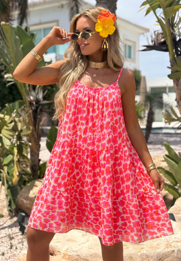 Rochie mini din muselină cu bretele și imprimeu leopard Sunset Panther
