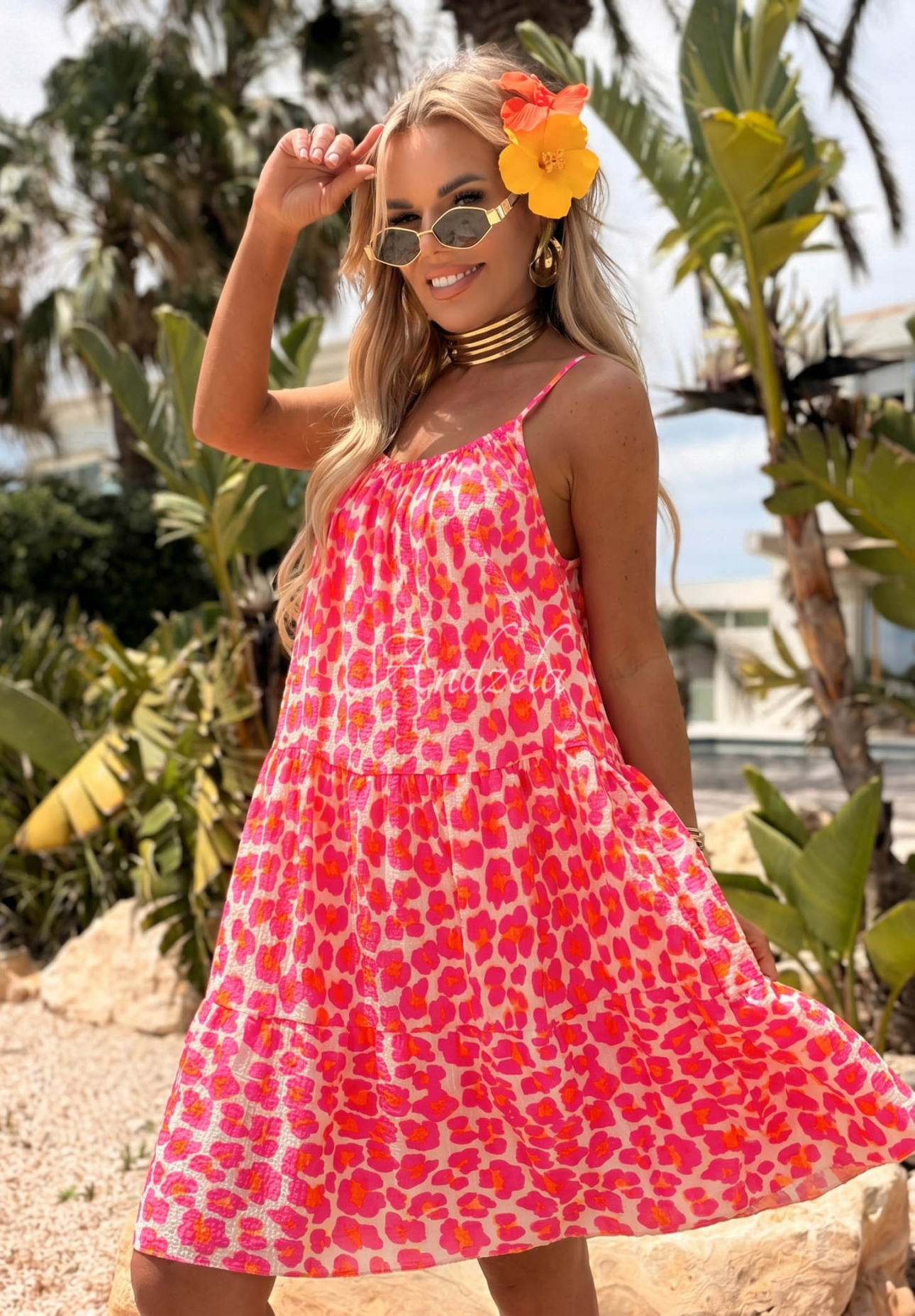 Rochie mini din muselină cu bretele și imprimeu leopard Sunset Panther