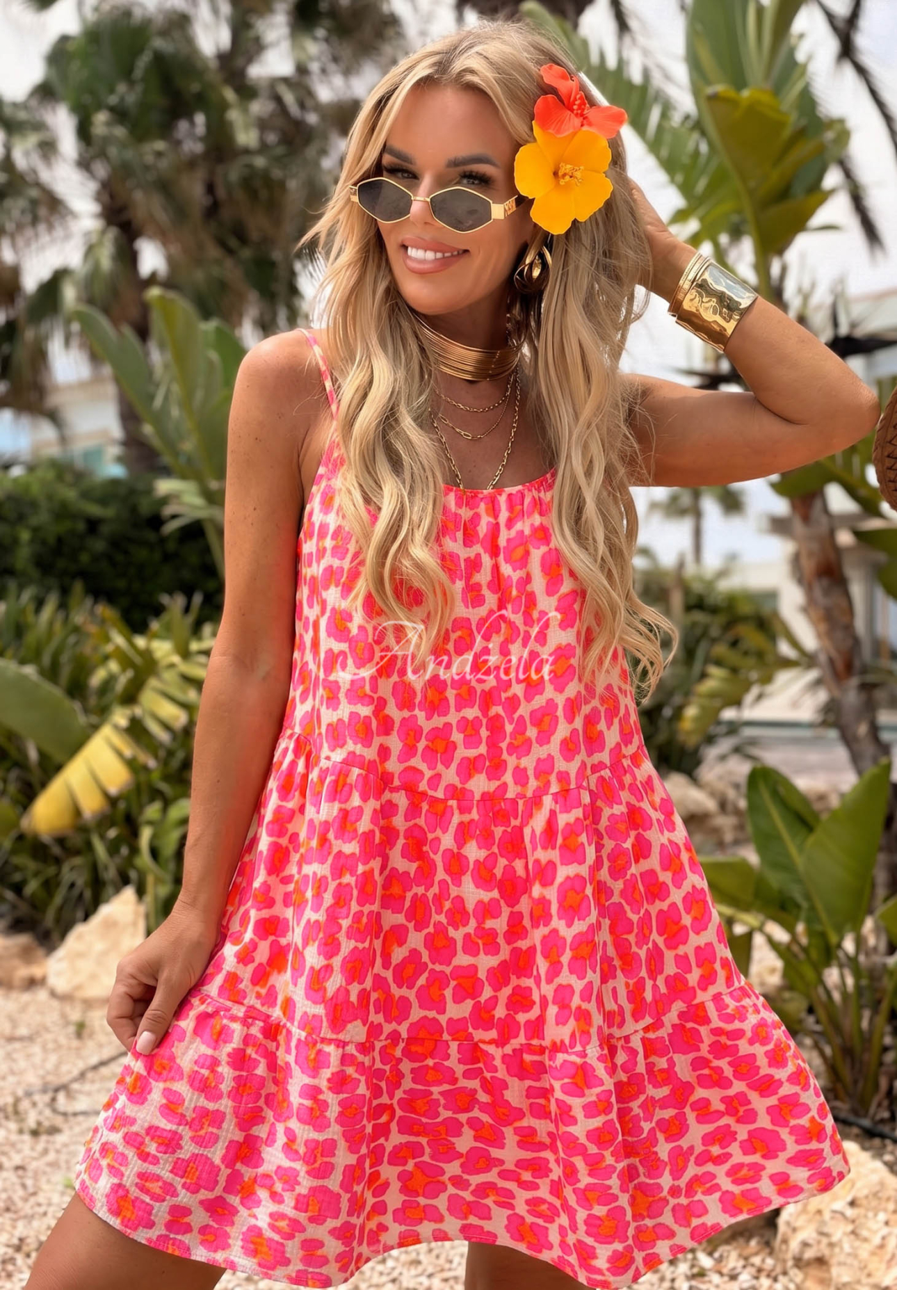Rochie mini din muselină cu bretele și imprimeu leopard Sunset Panther