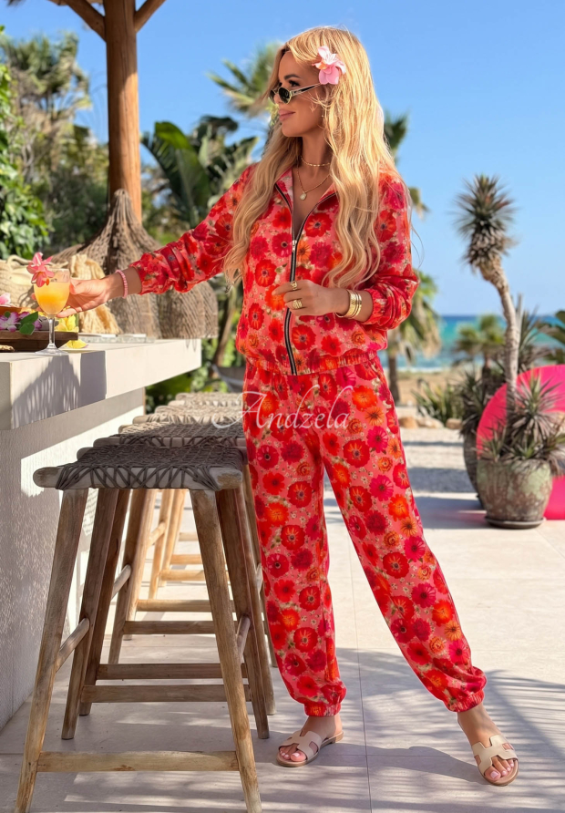 Set cu imprimeu floral format din hanorac bomber și pantaloni jogger cu viscoză Blooming Summer