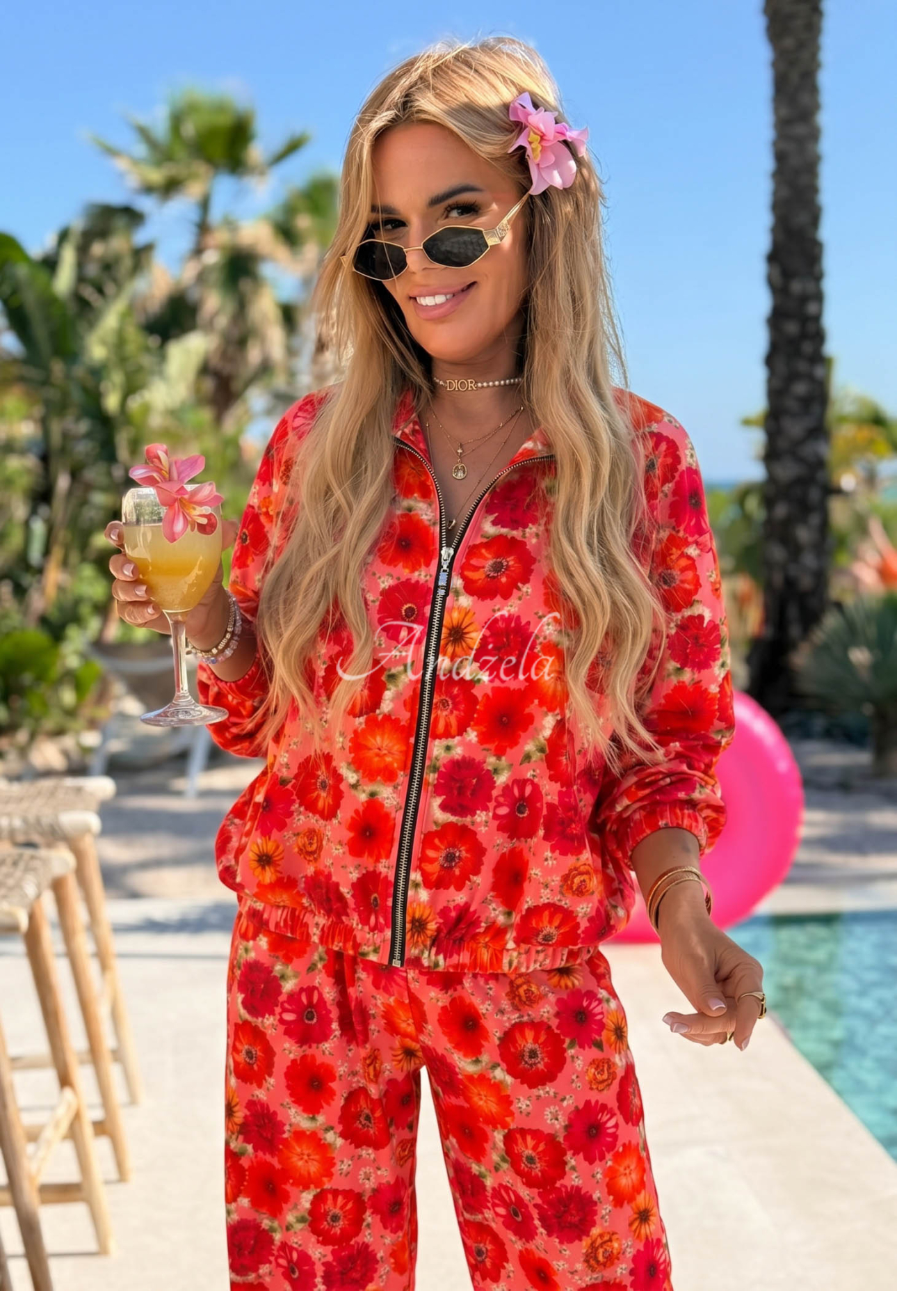 Set cu imprimeu floral format din hanorac bomber și pantaloni jogger cu viscoză Blooming Summer