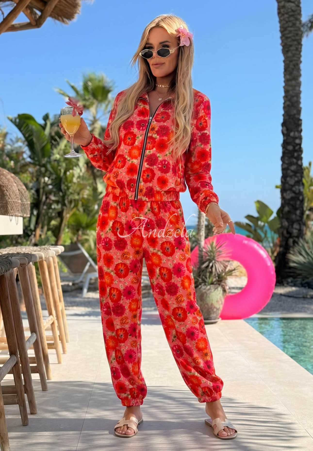 Set cu imprimeu floral format din hanorac bomber și pantaloni jogger cu viscoză Blooming Summer