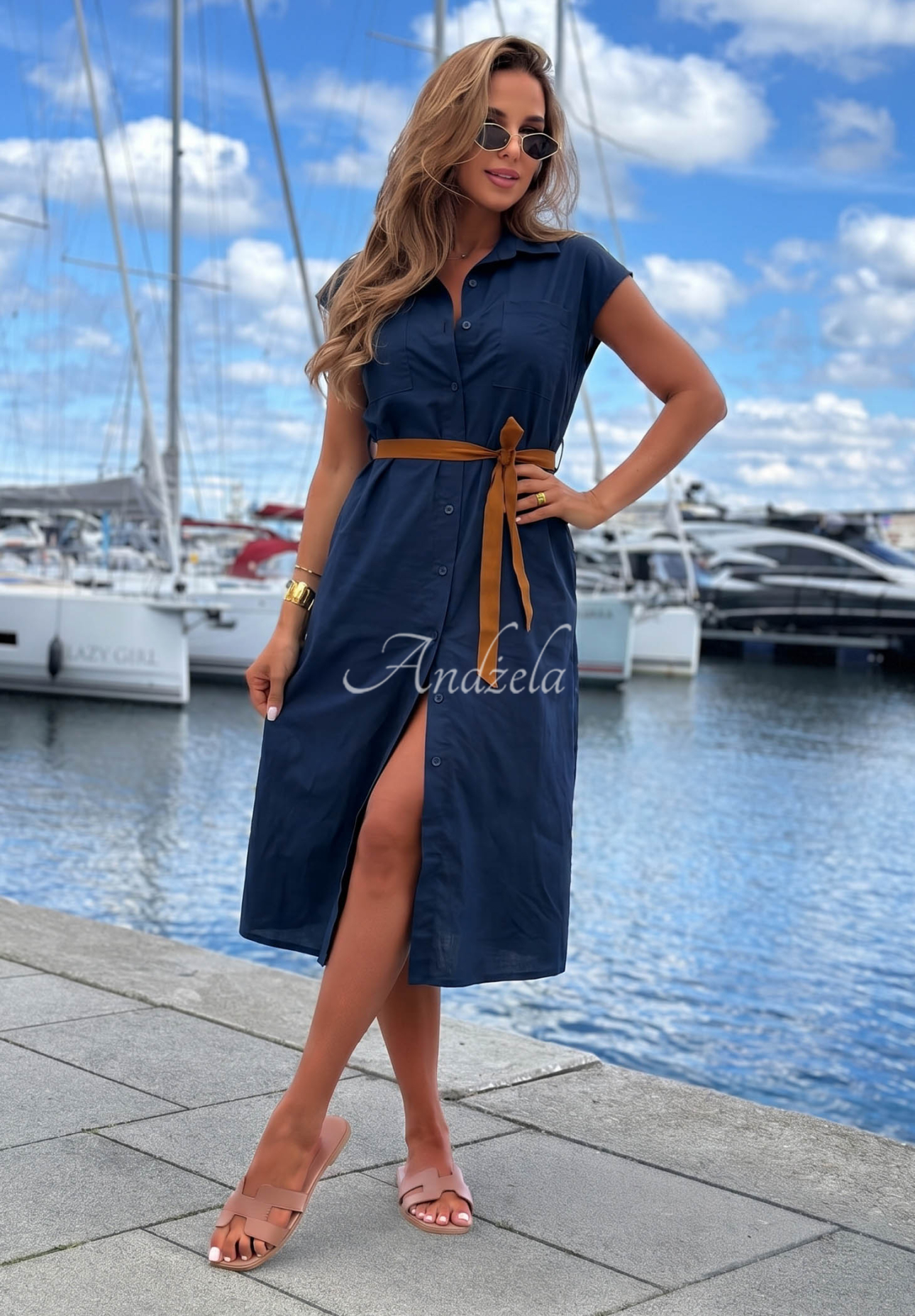 Rochie tip cămașă din bumbac cu curea Let's Sail